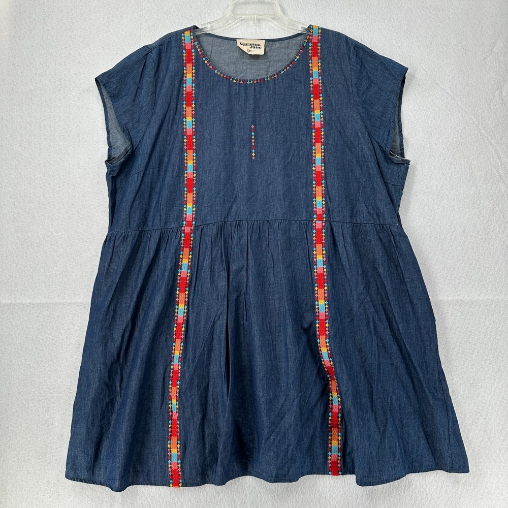 Savanna Jane Chambray Boho Rainbow Embroidered Pocket Dress SZ 2X Southwestern
